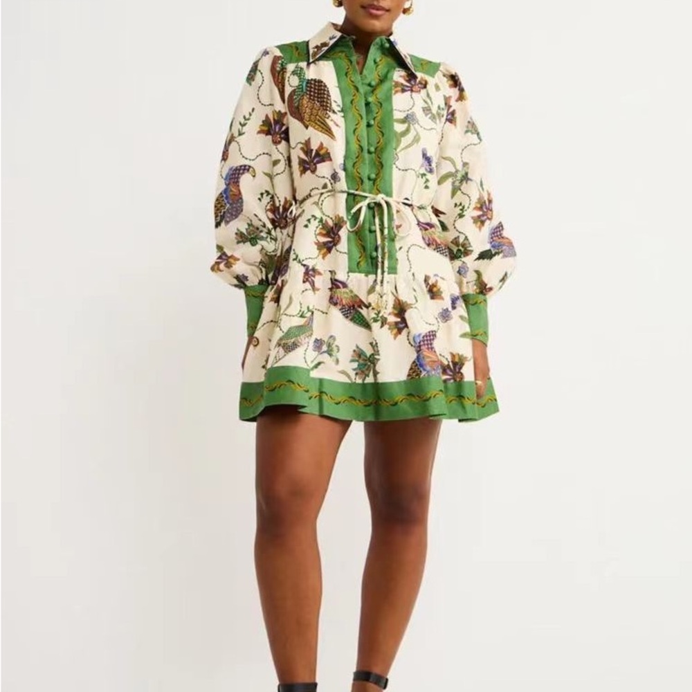 Zimmermann Cream Floral Mini Dress with Green Trim and Tie Waist - Picture 2 of 5
